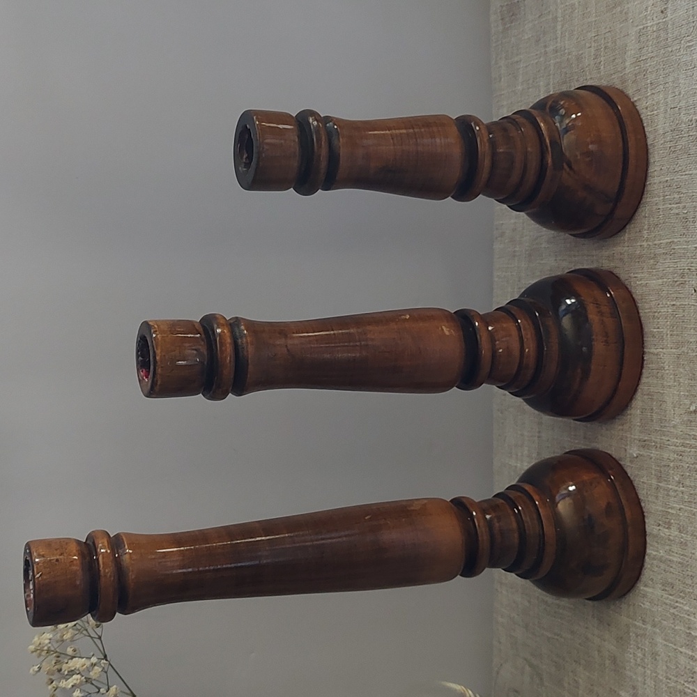 Set 3 Matching Hand Lathe Turned Vintage Wooden Candlestick Holders
